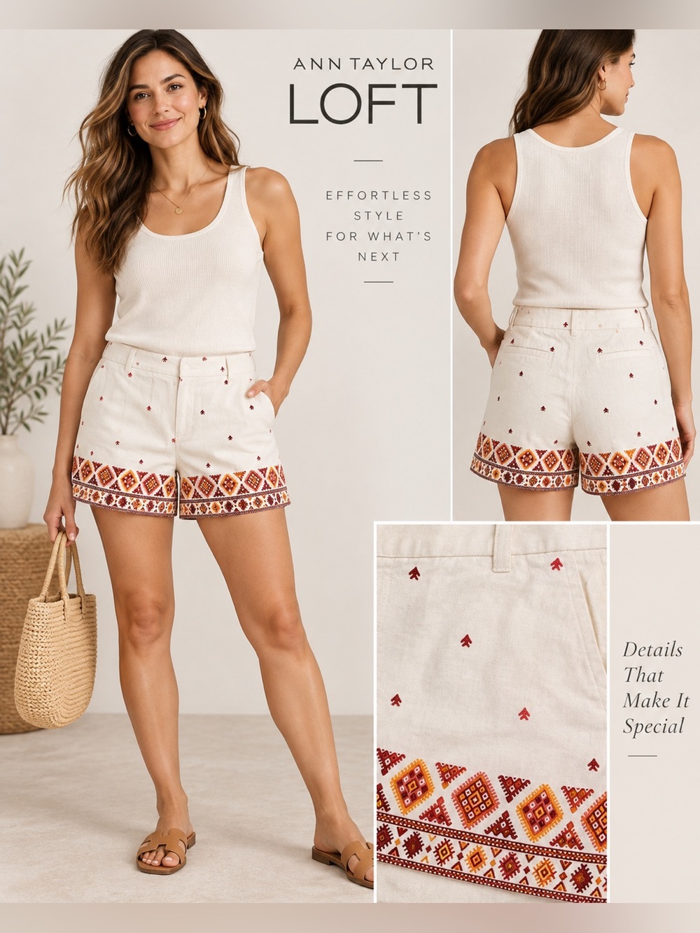 LOFT Ann Taylor Size 14 Embroidered Shorts Ivory Boho NWT